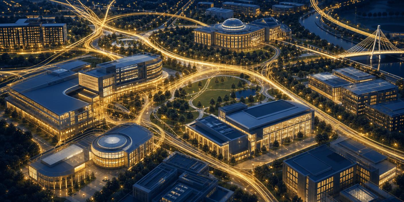 A thriving connected community district with golden pathways weaving between institutions, homes, and shared spaces