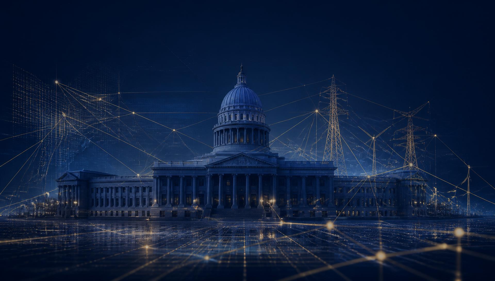 Civic infrastructure with gold data network lines over navy skyline