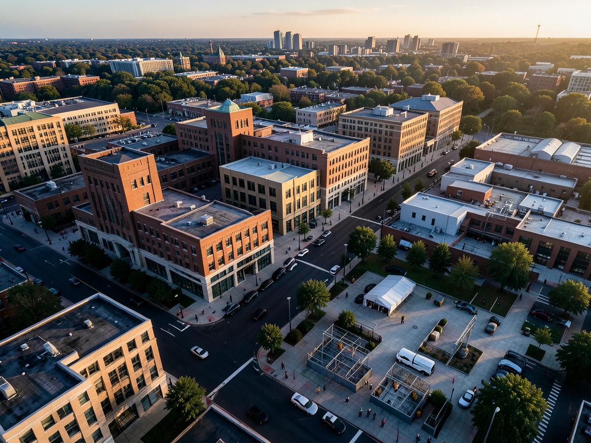A growing mixed-use district shaped by civic and economic development
