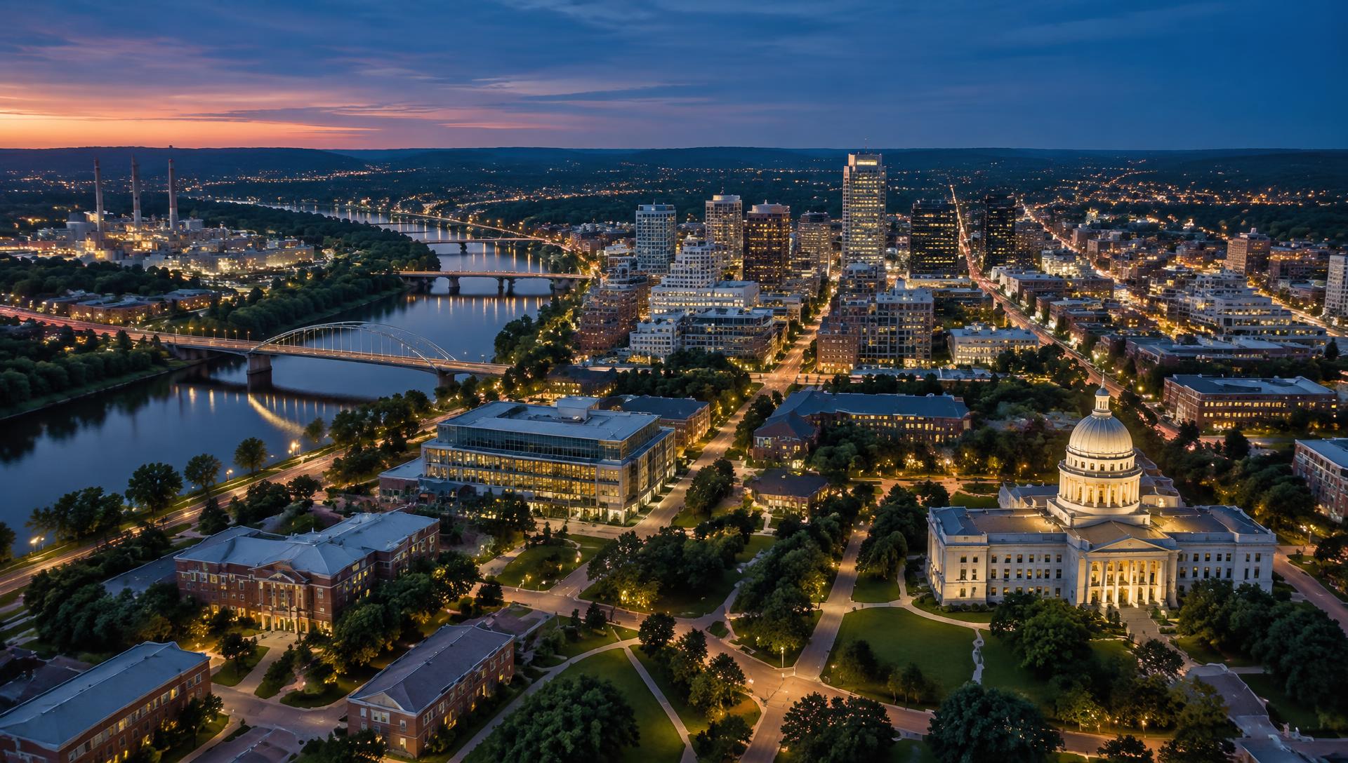 A connected city, university, civic district, and infrastructure at dusk